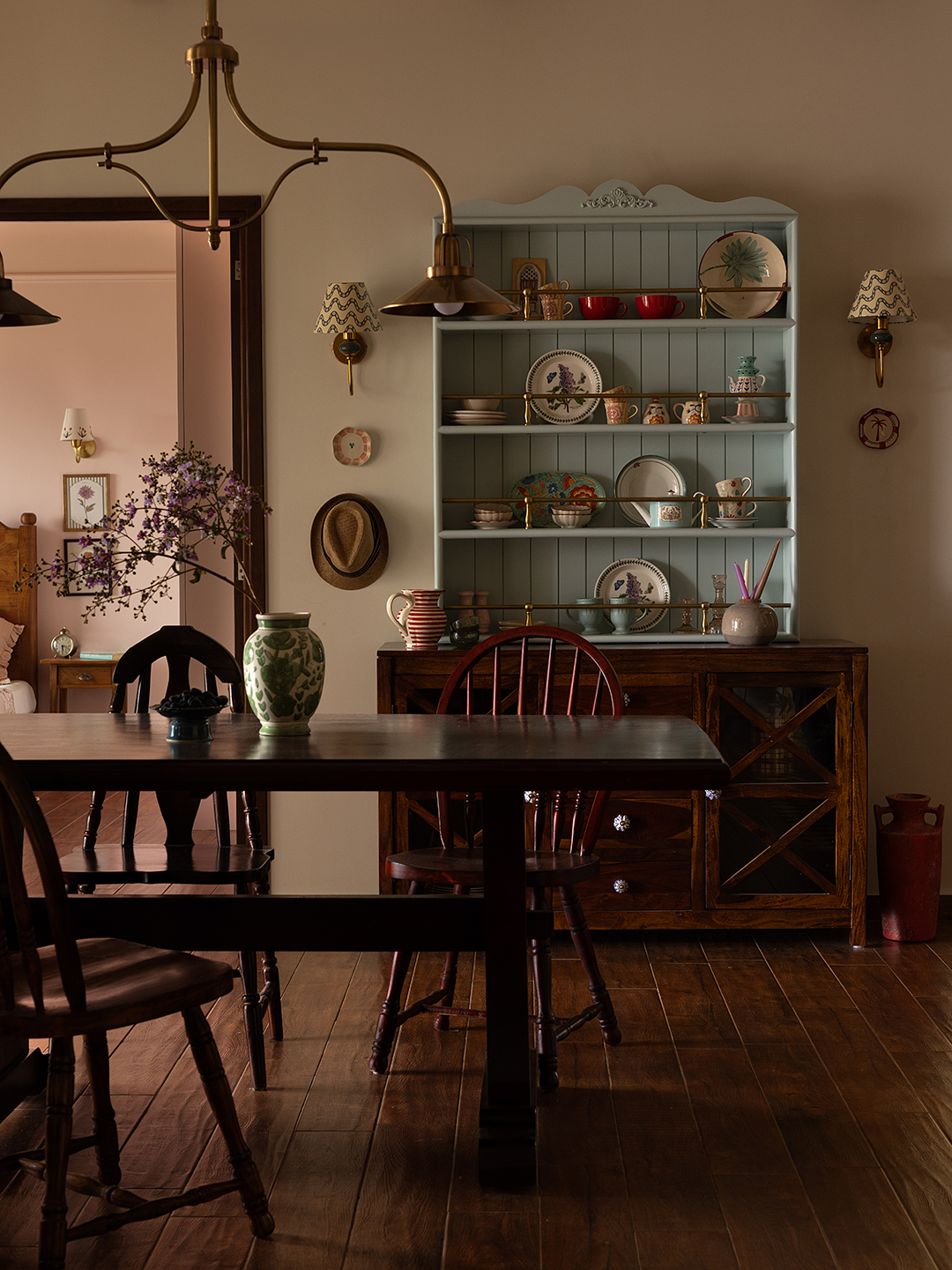 dining room with light blue cabinet
