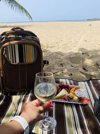 Beach picnic setup with a person holding a glass of white wine