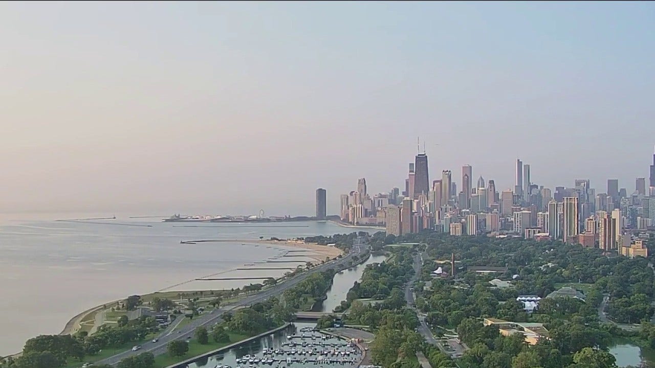 Chicago weather radar showing potential storm systems and wildfire smoke