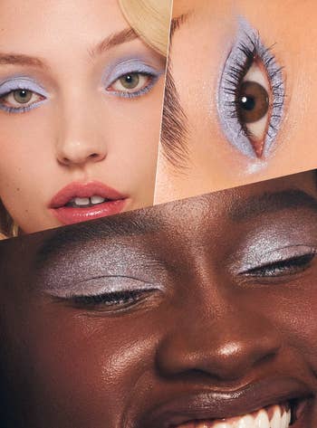 Three close-up photos showing eyes wearing shimmering makeup