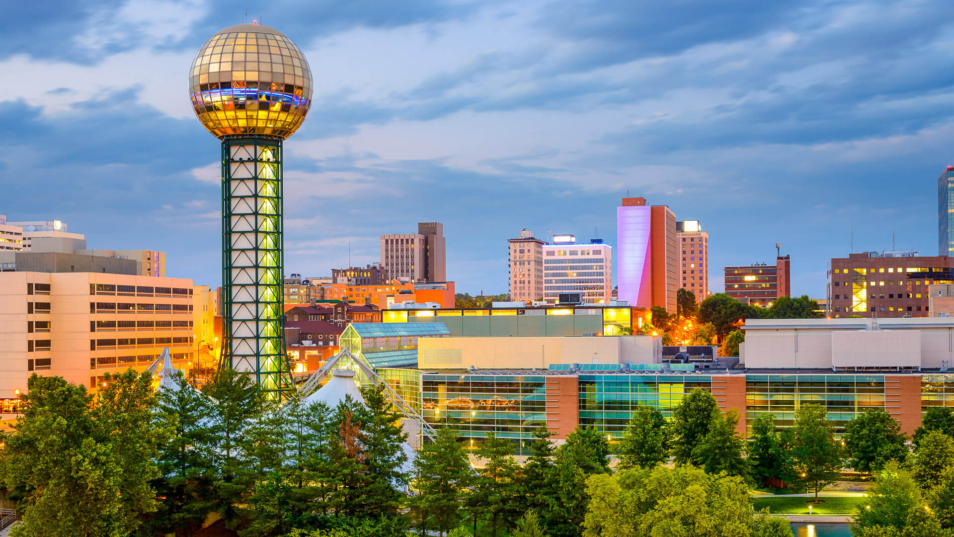 Discover the glittering skyline, complete with the Sunsphere, at World's Fair Park in Knoxville, Tennessee