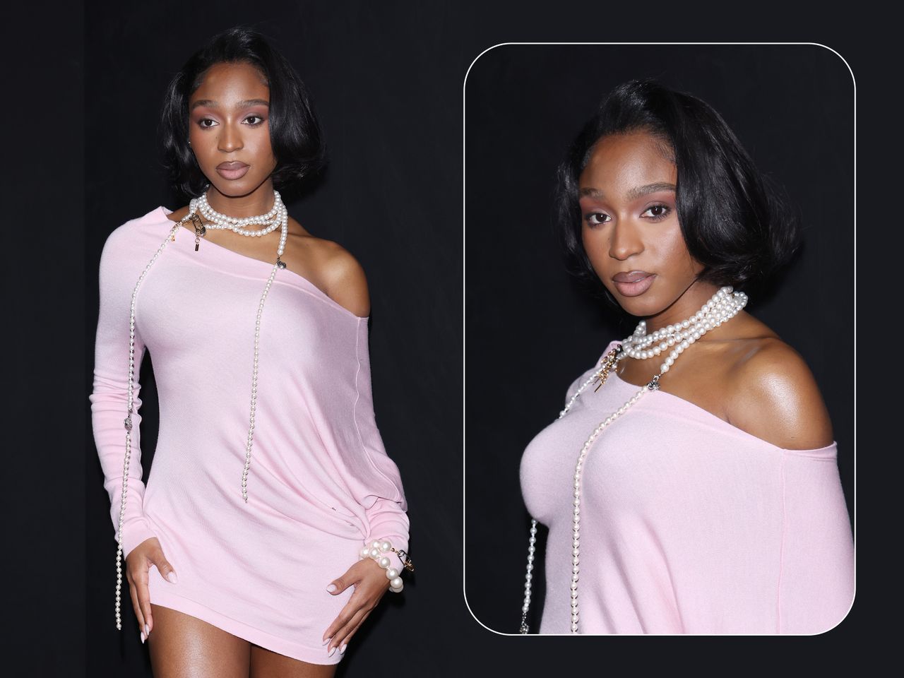 A woman wearing a dress and pearls shown in two views against a dark background