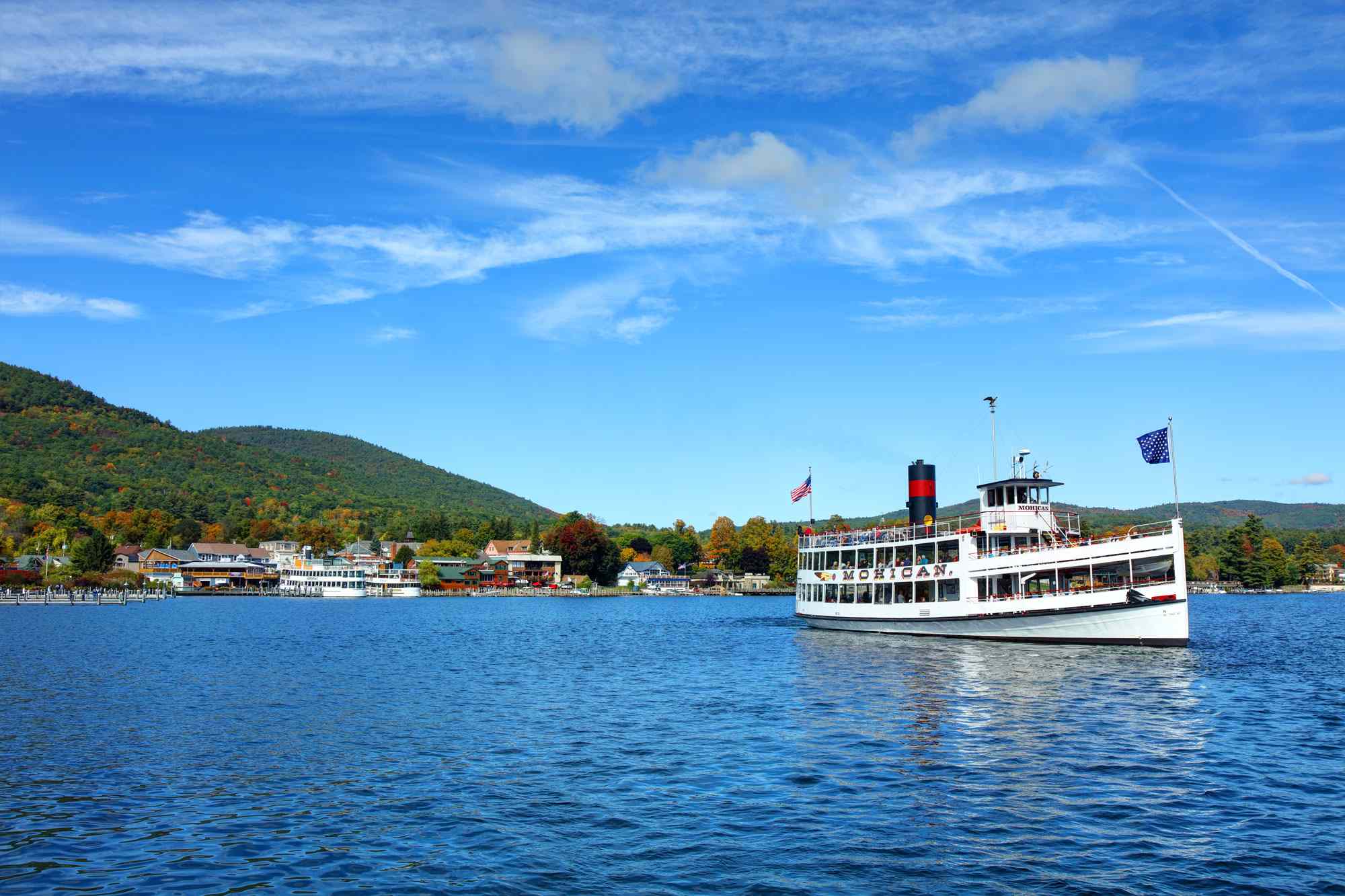 A steamboat on the water at Lake George, in New York.