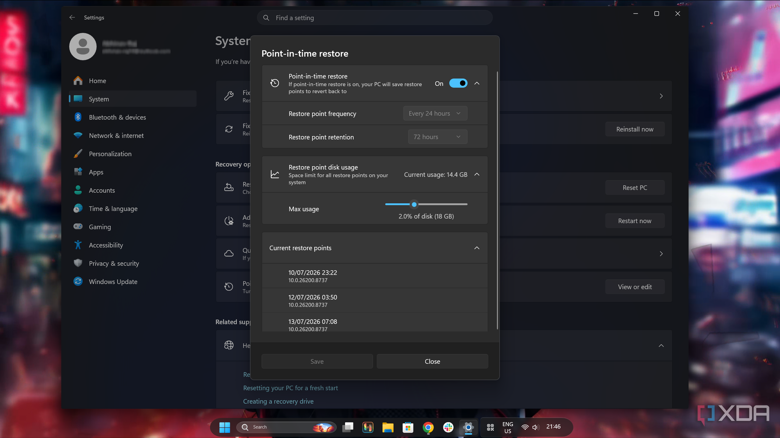Point-in-time Restore settings in Windows 11.
