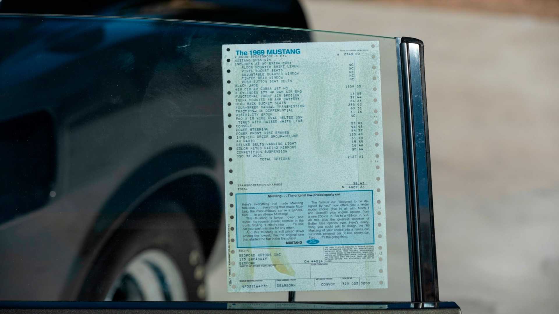 Window sticker of 1969 Ford Mustang Boss 429 KK No. 1492