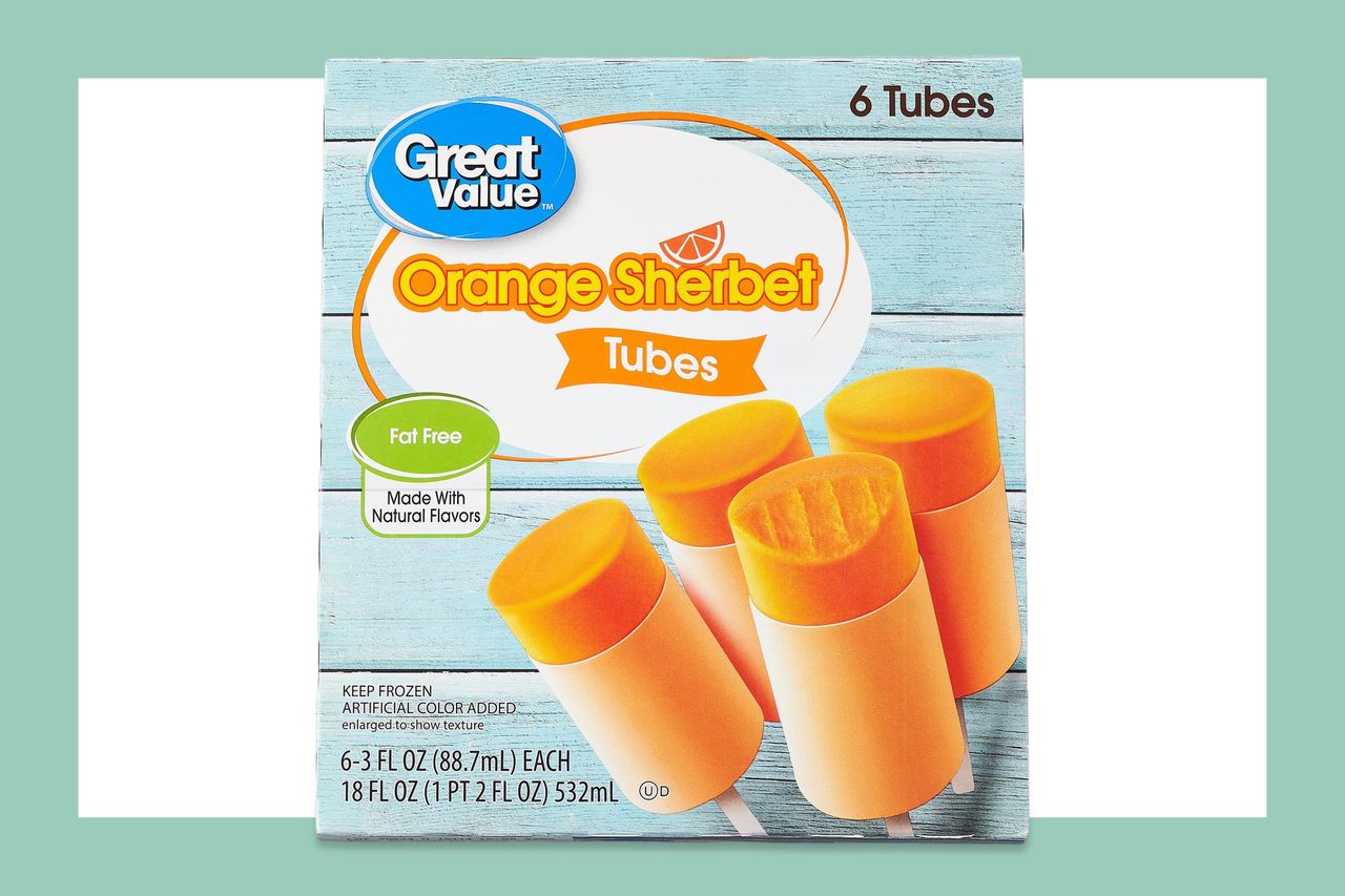 Packaging for Great Value Orange Sherbet Tubes displaying six popsicles and product details