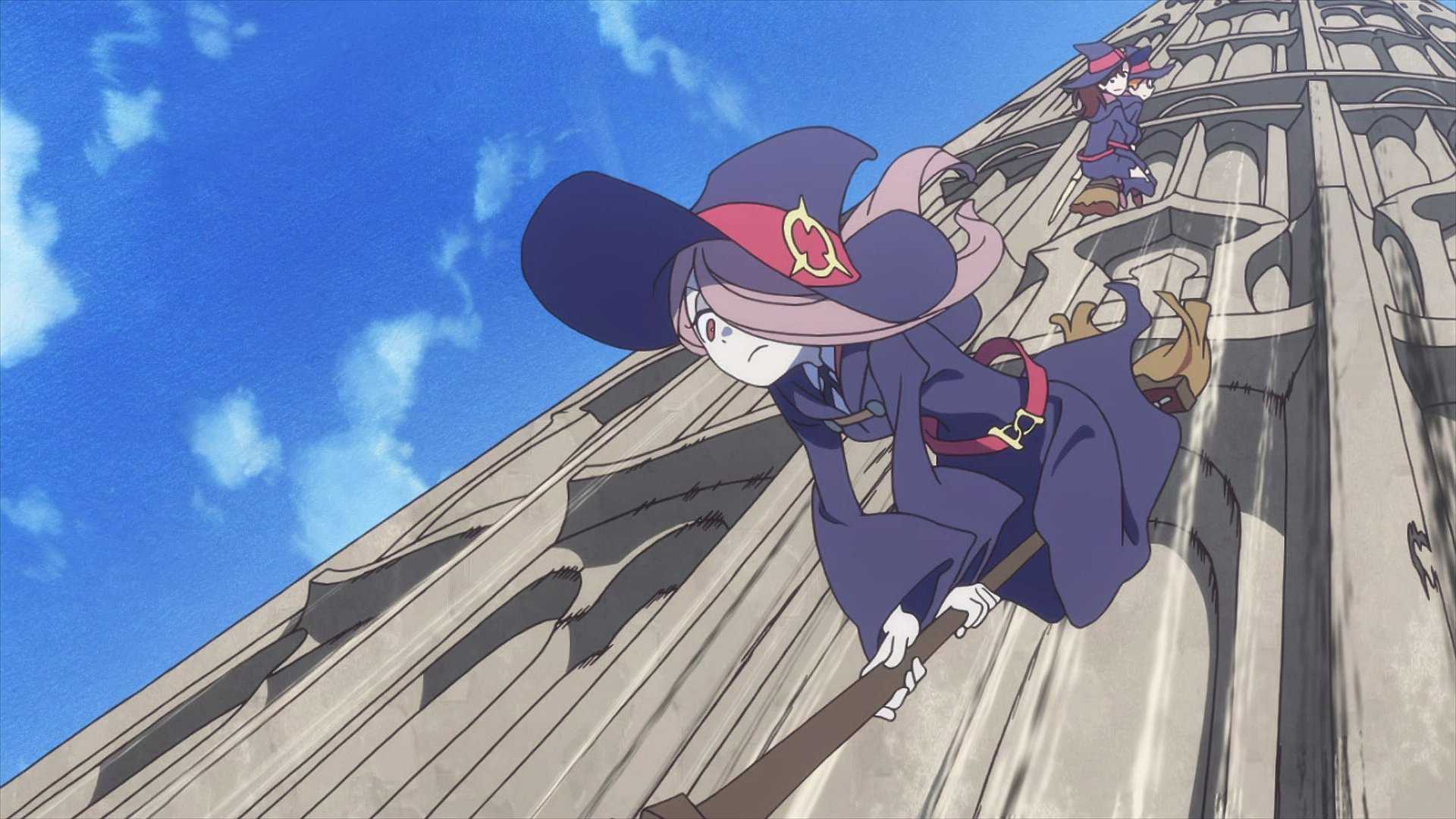 Sucy Manbavaran swoops down on her broom in Little Witch Academia