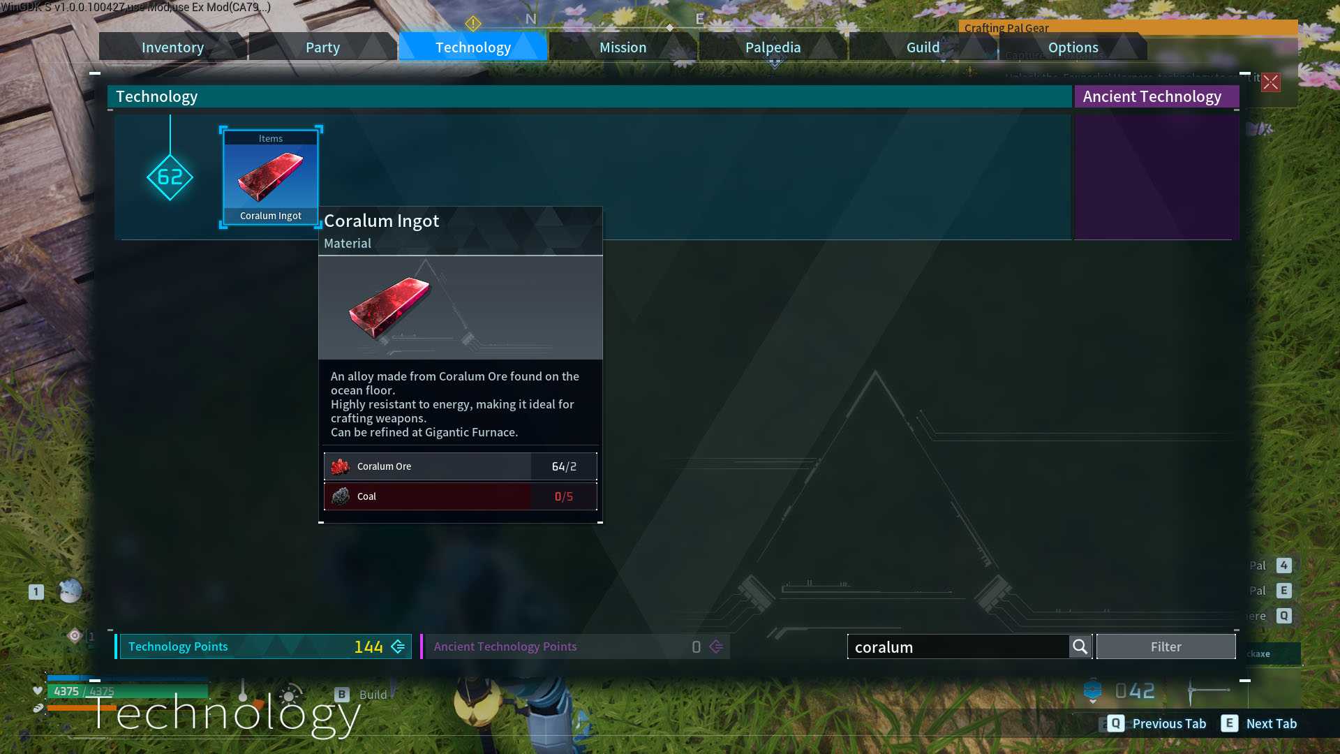 A Palworld screenshot showing the in-game description of the coralum ingot