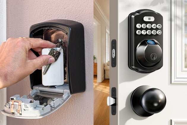 Home safety measures like a lock box for spare keys and a fingerprint door lock.