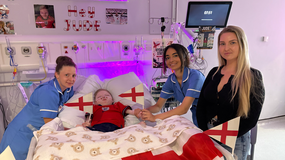 Nine-year old Jude, from Walsall, cheered on England from Walsall Manor Hospital's Children's Ward