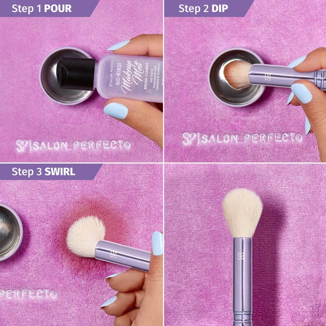 Instructions for cleaning a makeup brush: Pour cleaner, dip brush, swirl to clean