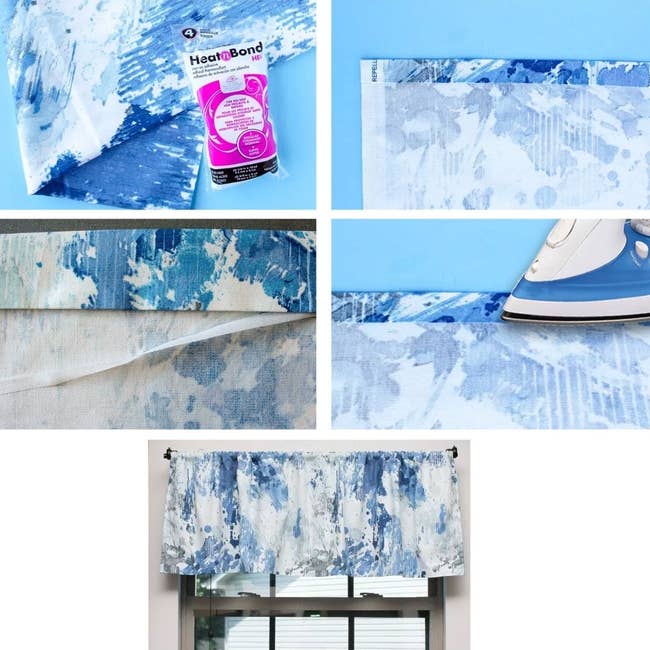 Collage showing steps to make a curtain using fabric and HeatnBond, with ironing. Final image displays the curtain hanging on a window