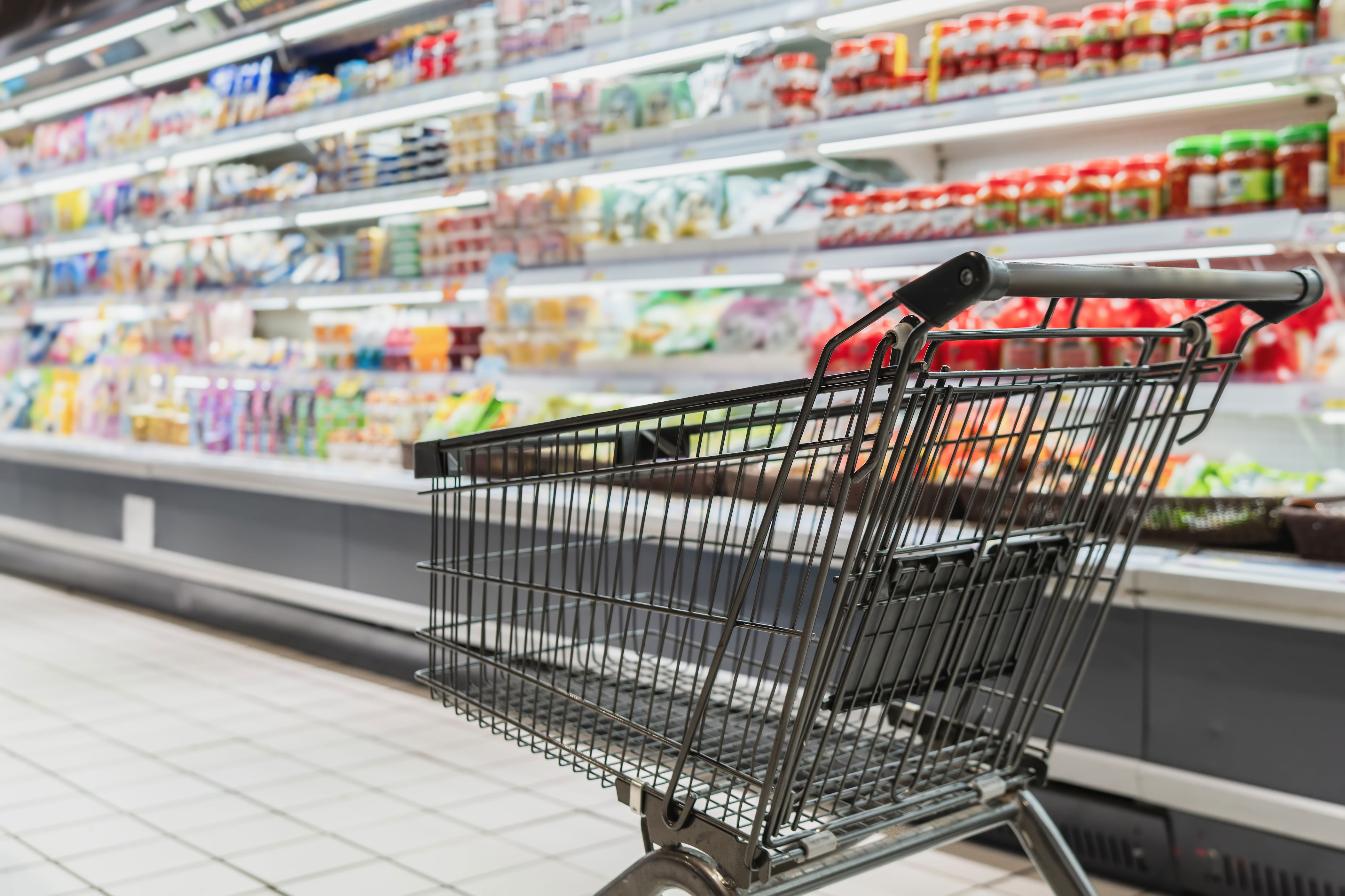An empty shopping basket at a grocery store
