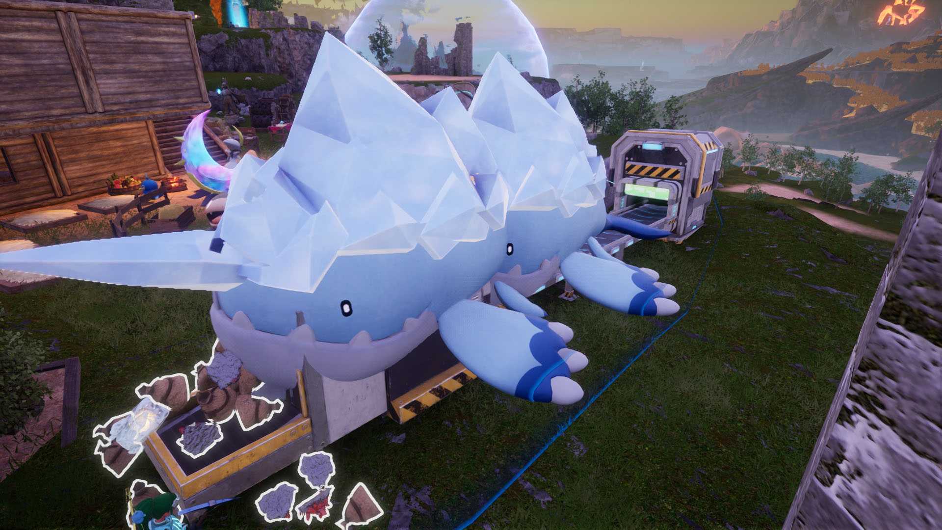 A Palworld screenshot showing two Whalaskas in the disassembly line