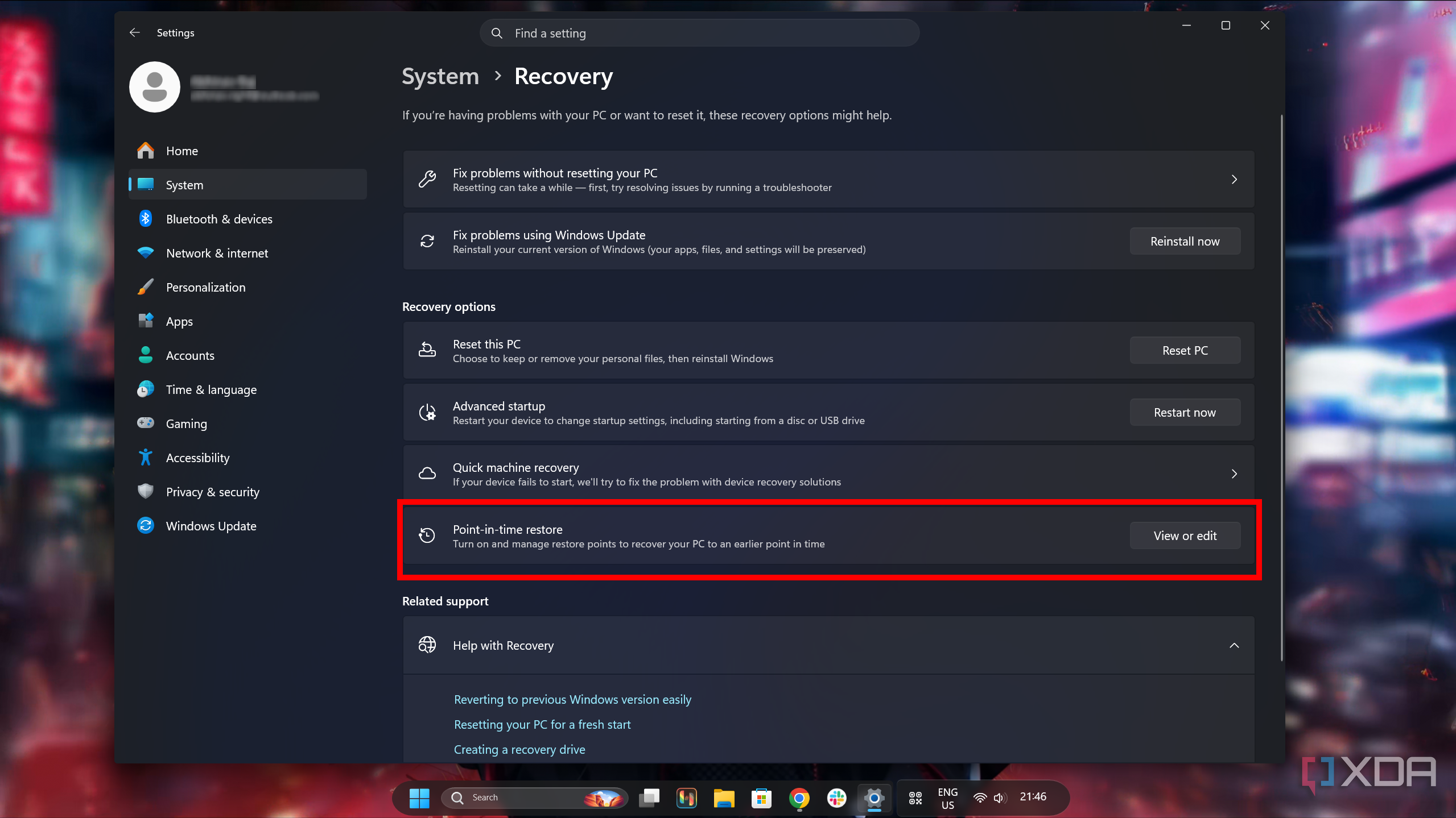 Recovery settings in Windows 11 with point-in-time restore feature highlighted.