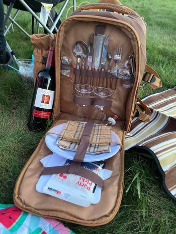 Picnic backpack with wine, cutlery, and plates on grass