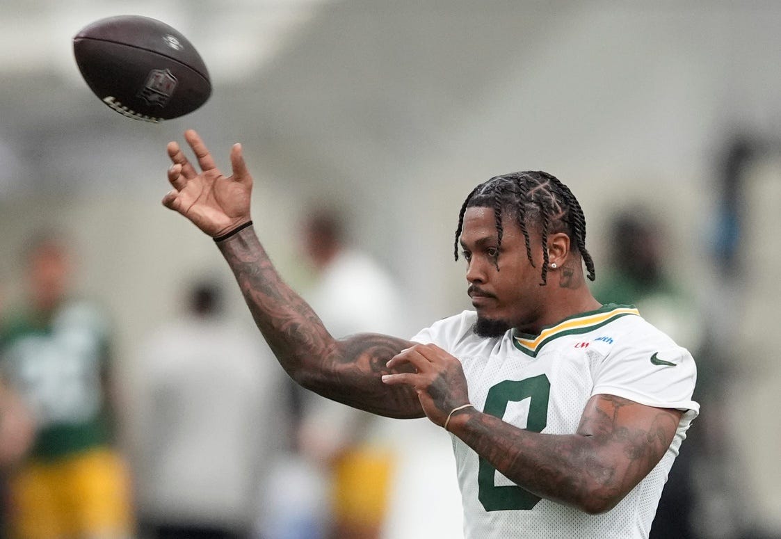 Green Bay Packers Josh Jacobs (8) participates in mandatory minicamp Thursday, June 11, 2026, at the Don Hutson Center in Green Bay, Wisconsin. Dan Powers/USA TODAY NETWORK-Wisconsin