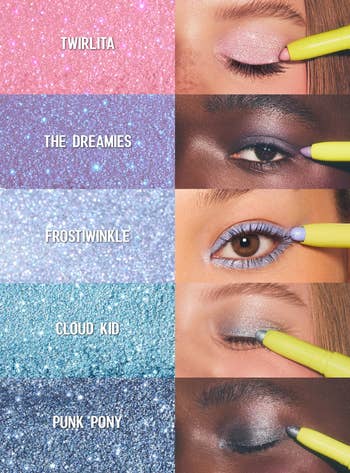 Five close-ups of eyes with different glittery eyeshadow shades