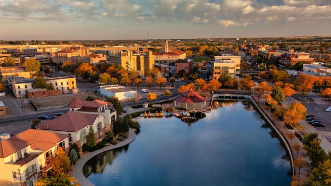 Pueblo Downtown Aerial With Lake stock photo