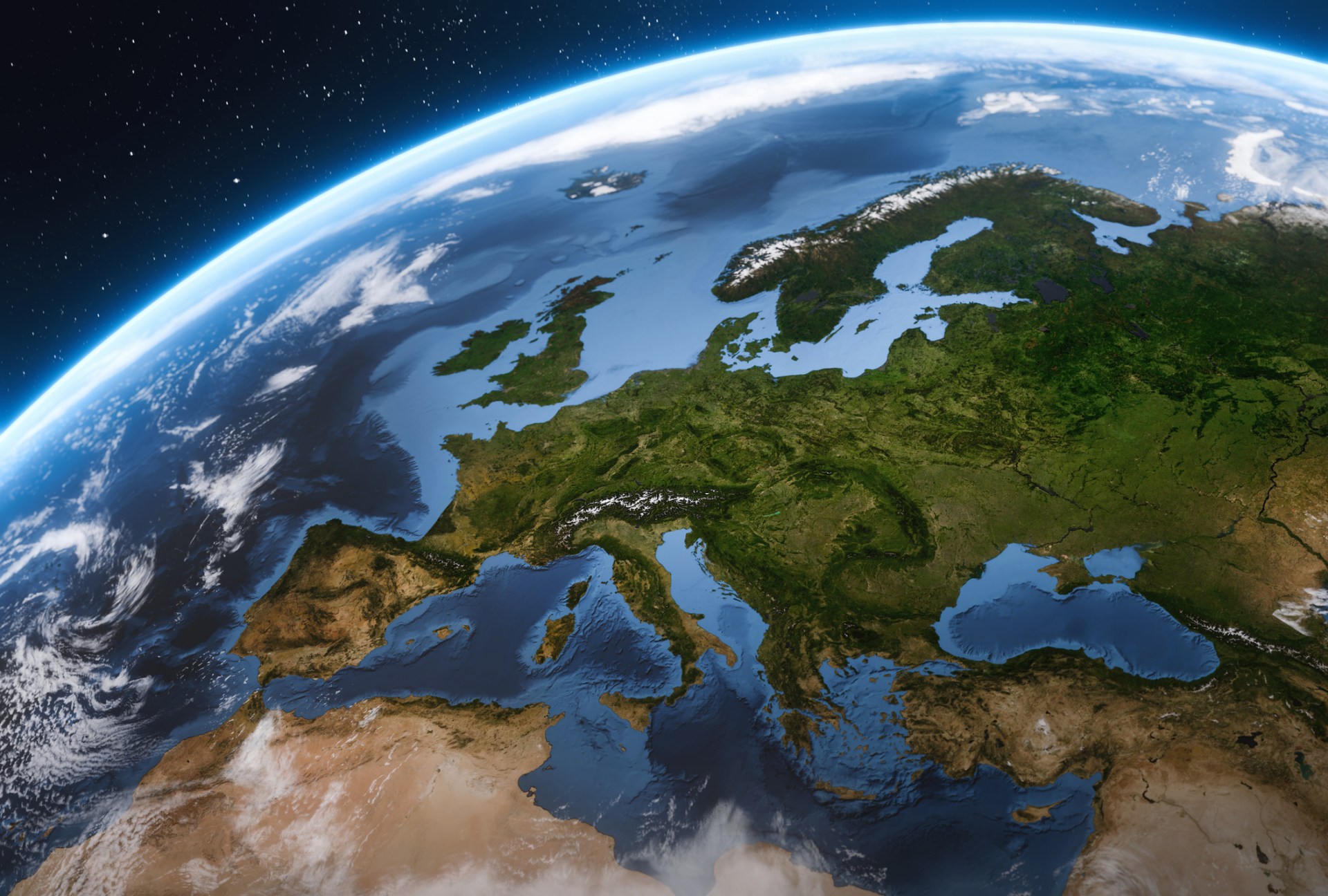 A detailed 3D rendering of planet Earth highlights the European continent and the North Atlantic Ocean.