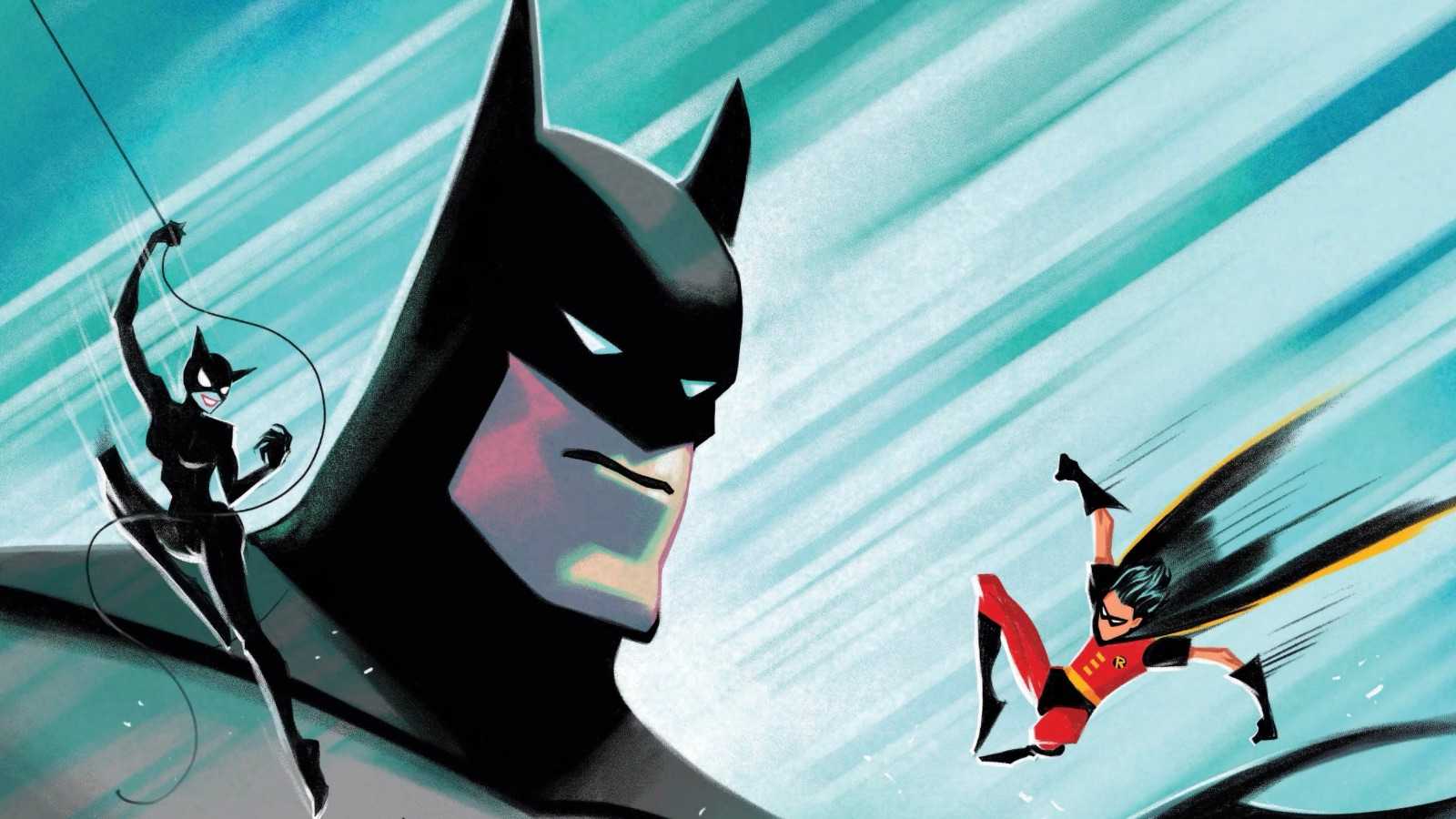 Batman in the background as Robin and Catwoman swing into action