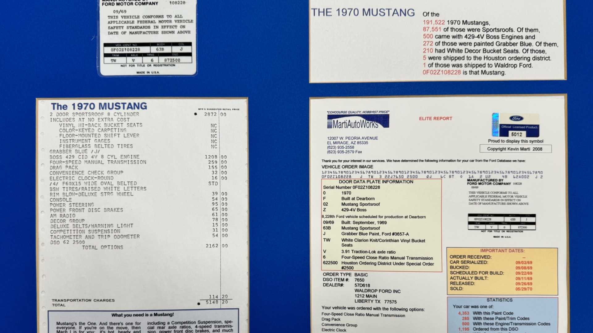 Documentation of 1970 Ford Mustang Boss 429 KK no 2100