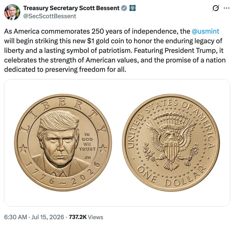 Treasury unveils new $1 gold coin with Trump’s face on it