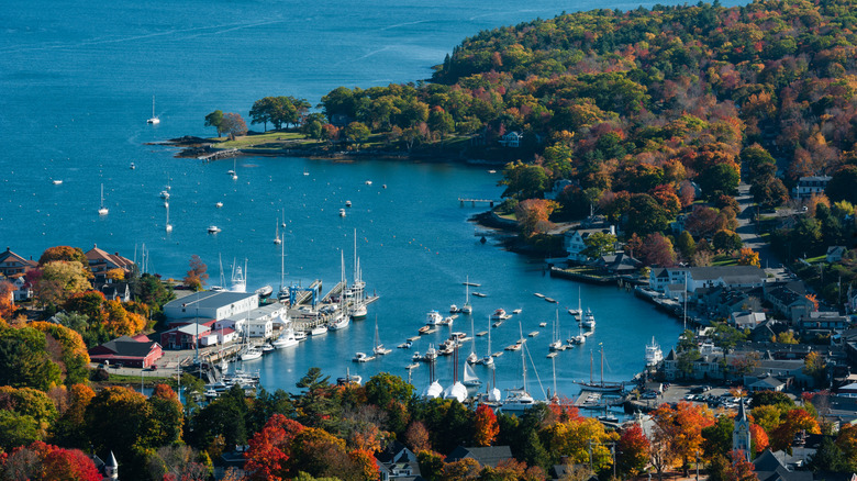 Camden Harbor next to Camden, Maine being seen from Mt. Megunticook