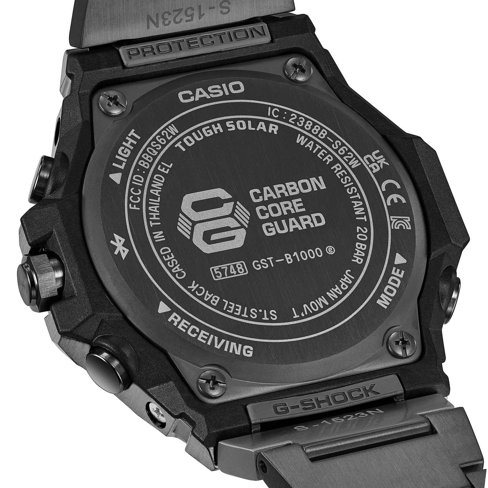 Back of a black Casio G-Shock Carbon Core Guard watch with metal screws and stainless steel band.