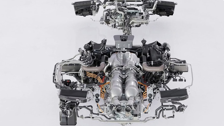 Top-down view of the powertrain of the Ferrari F80 V6 engine.