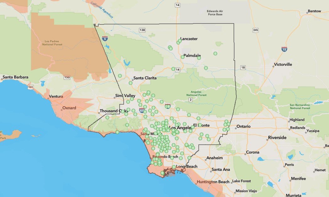 An interactive map shows cooling centers open in Los Angeles County.