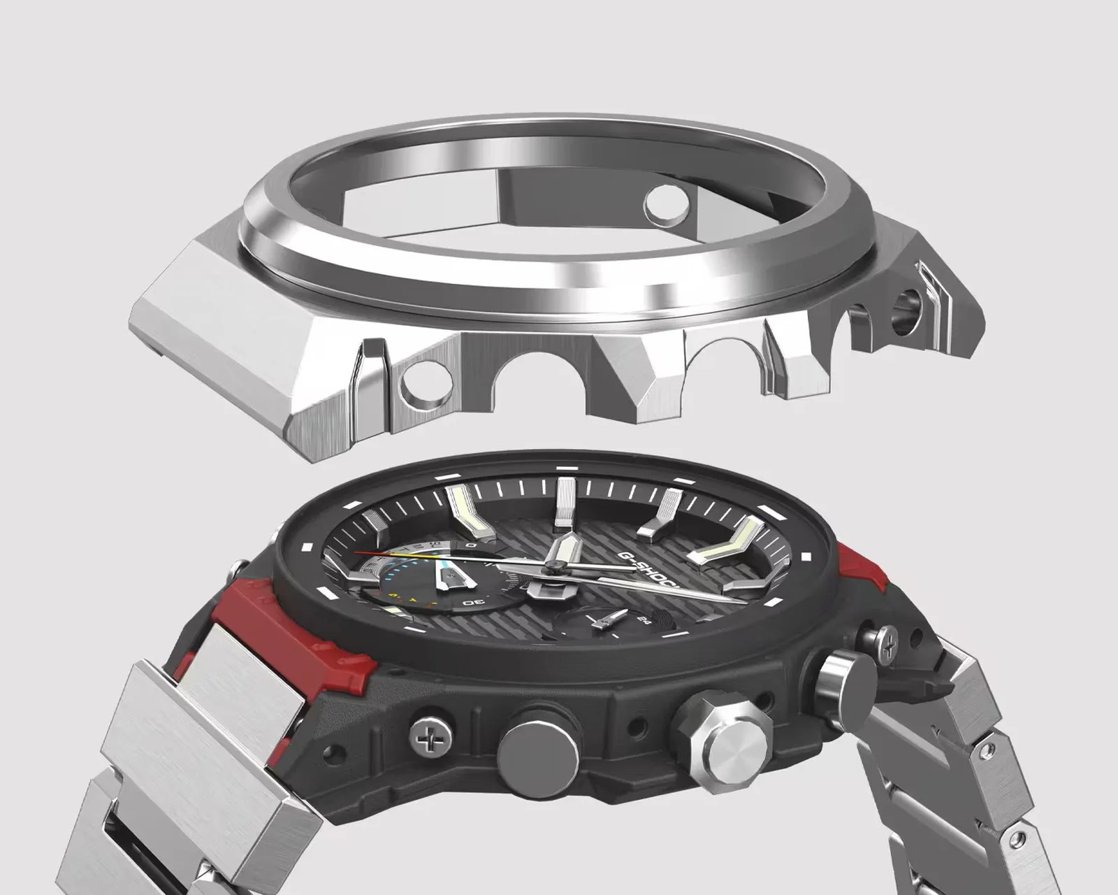 Silver metal watch bezel floating above a black and red G-Shock watch with a silver metal band.