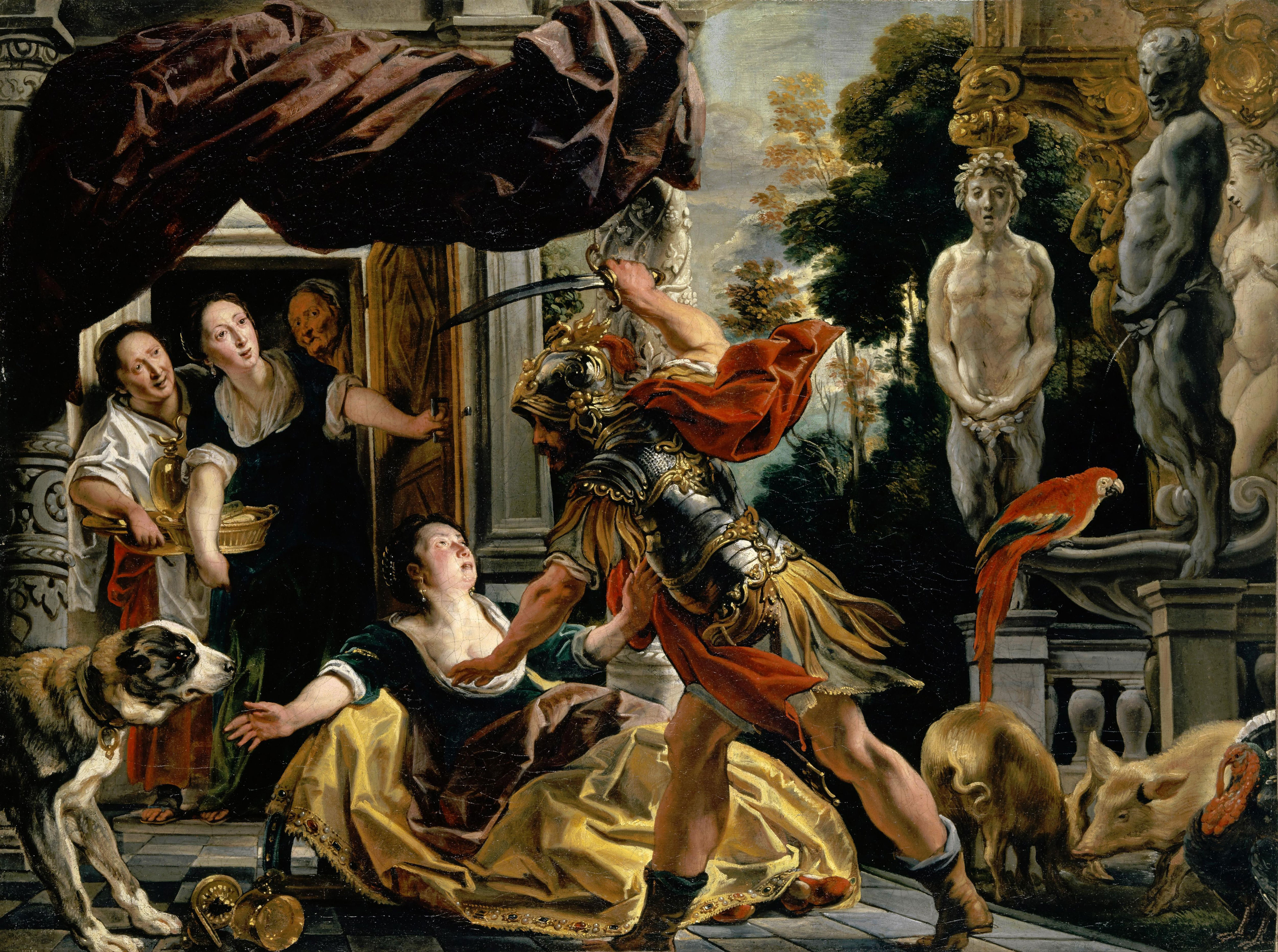 An oil painting shows a man in classical armor standing over a kneeling woman with a knife. In the background, three women stare through a window and a dog looks on. They are all surrounded by pigs and classical statues.