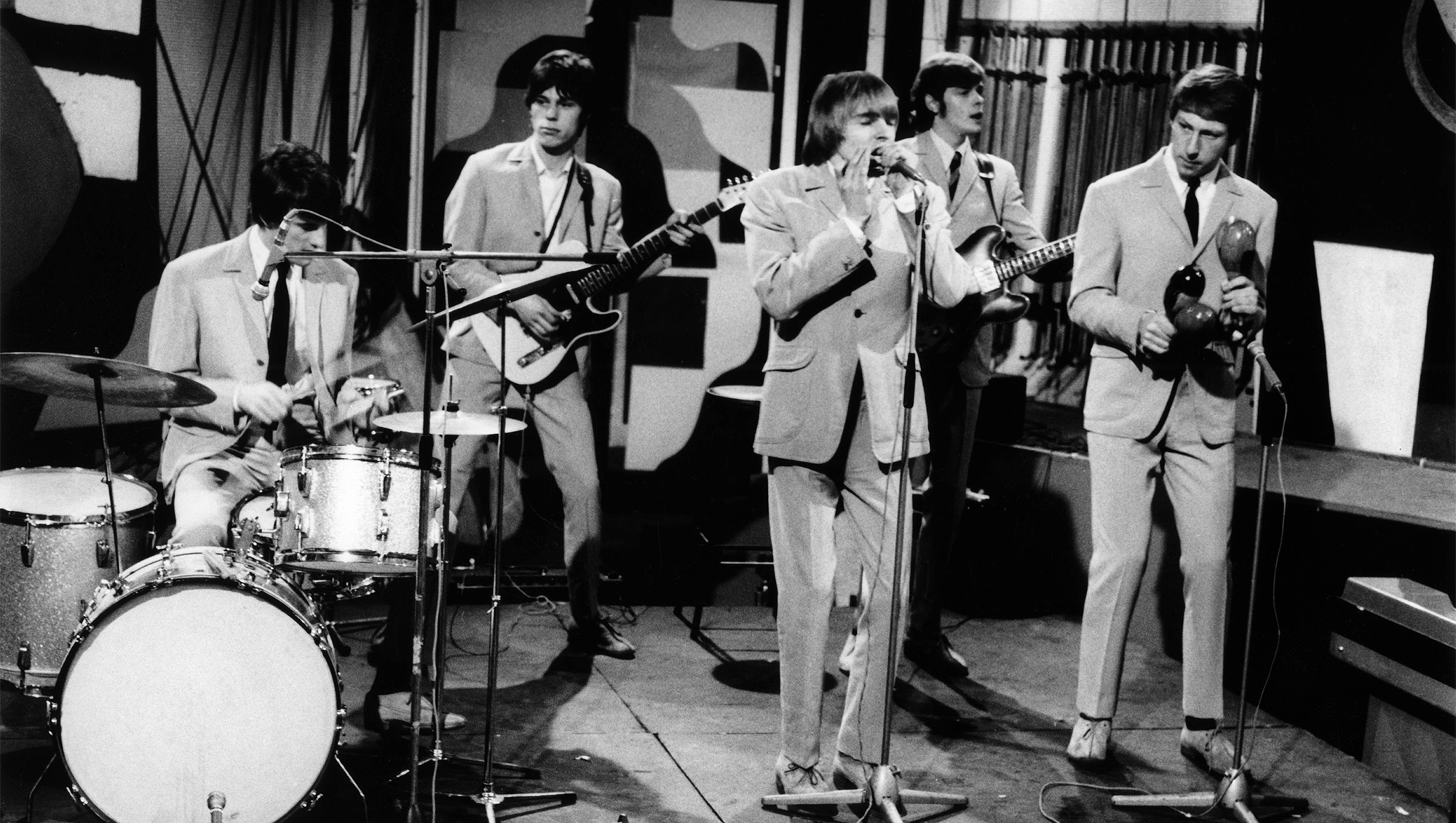 The Yardbirds perform on 'Ready Steady Go!' at Television House in Kingsway, London on 19th March 1965. (from left) Jim McCarty, Jeff Beck, Keith Relf, Paul Samwell-Smith and Chris Dreja.