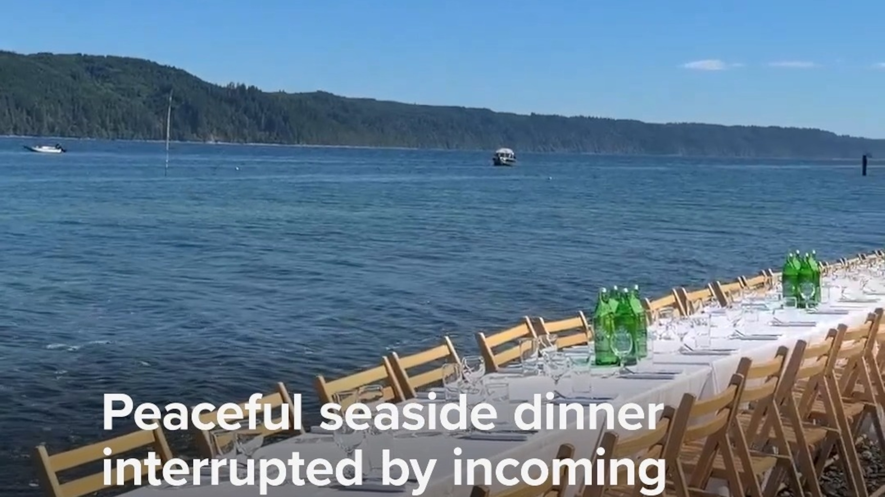 Seaside dinner interrupted by incoming tide