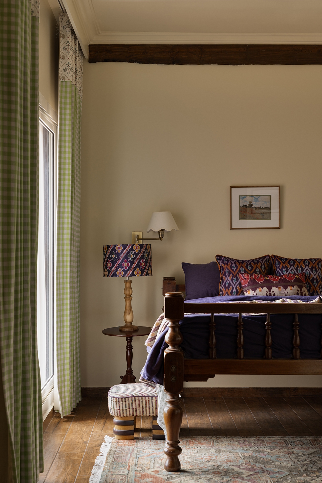 bedroom with purple bedding
