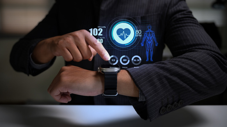 A visual depiction of a person checking their health and vitals on their smartwatch