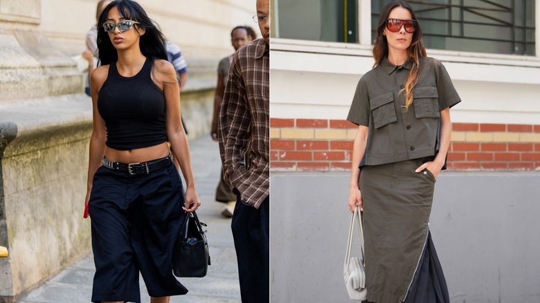 A woman in a crop top next to a woman in an oversized shirt