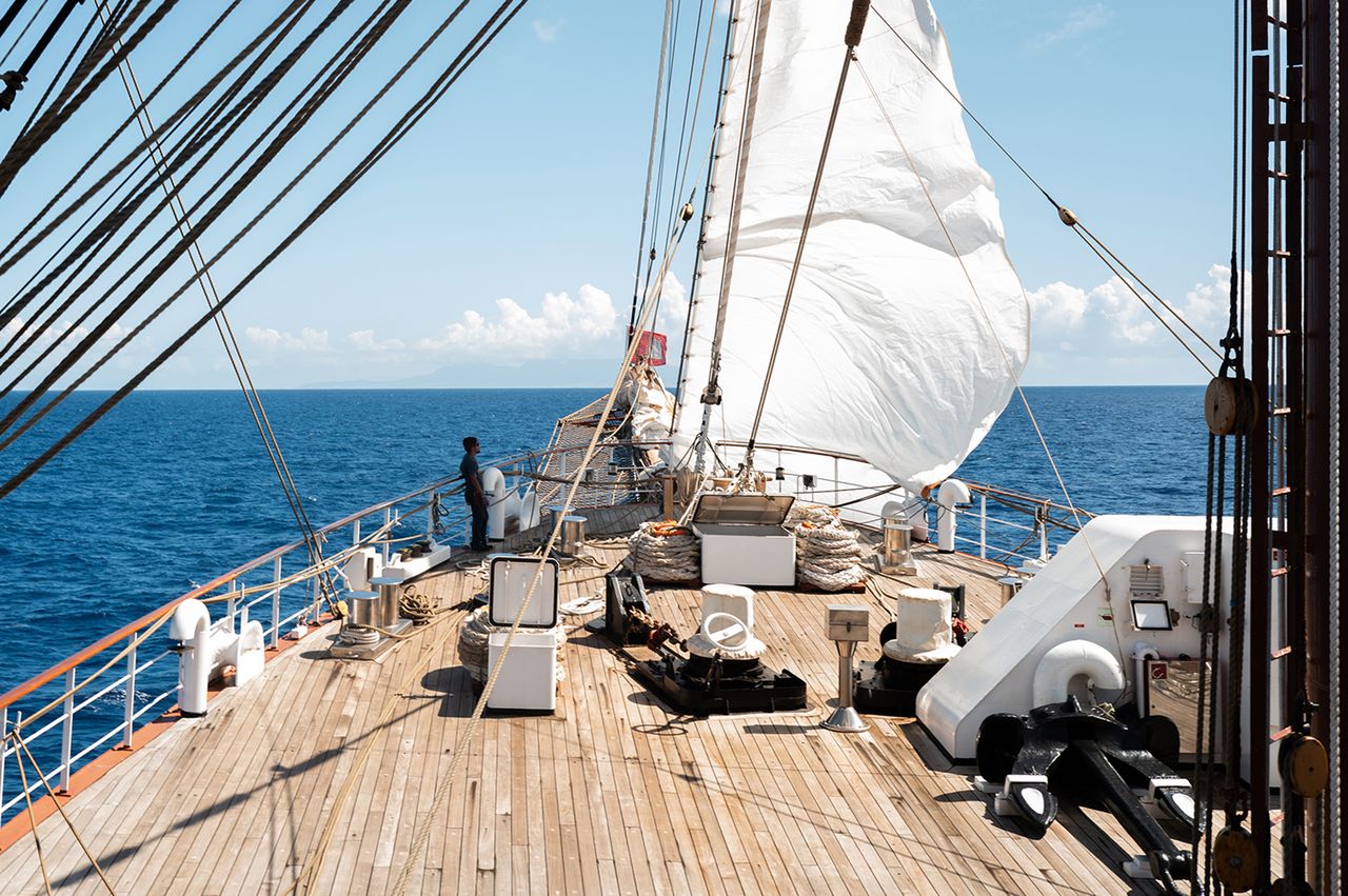 Deck of a sailing ship with sails set and a crew member visible navigating the open sea under a clear sky