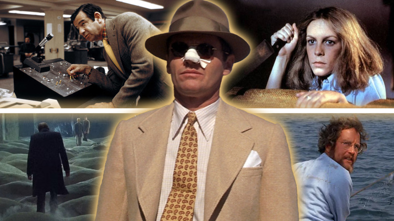 A collage with Jake Gittes (Jack Nicholson) in Chinatown (1974) surrounded by Laurie Strode (Jamie Lee Curtis) in Halloween (1978), Matt Hooper (Richard Dreyfus) in Jaws, three men standing in a curved room in Stalker (1979), and Zachary Garber (Walter Matthau) in The Taking of Pelham One Two Three (1974)