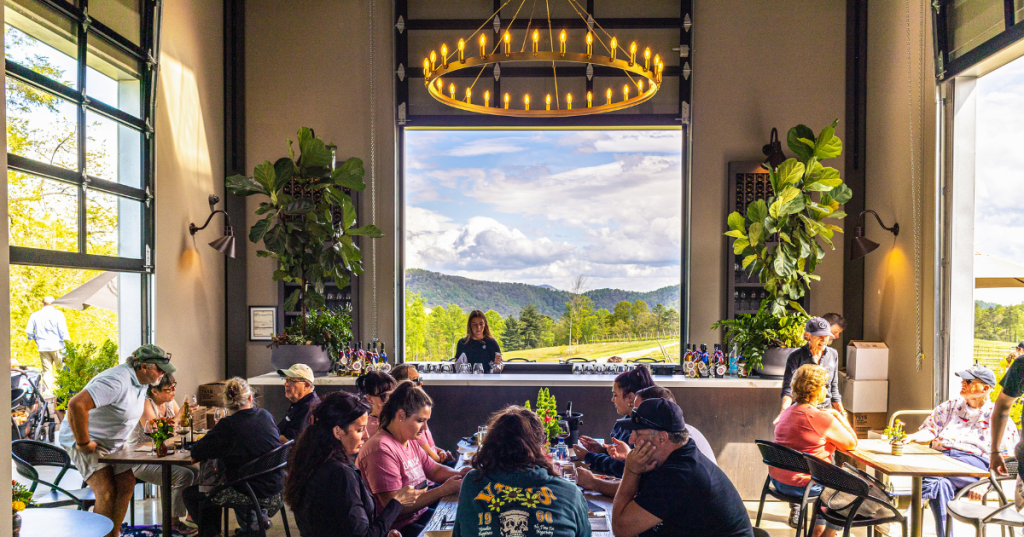 Patrons enjoying drinks at an indoor bar with large open windows offering views of green rolling hills and mountains at a Hendersonville vineyard.