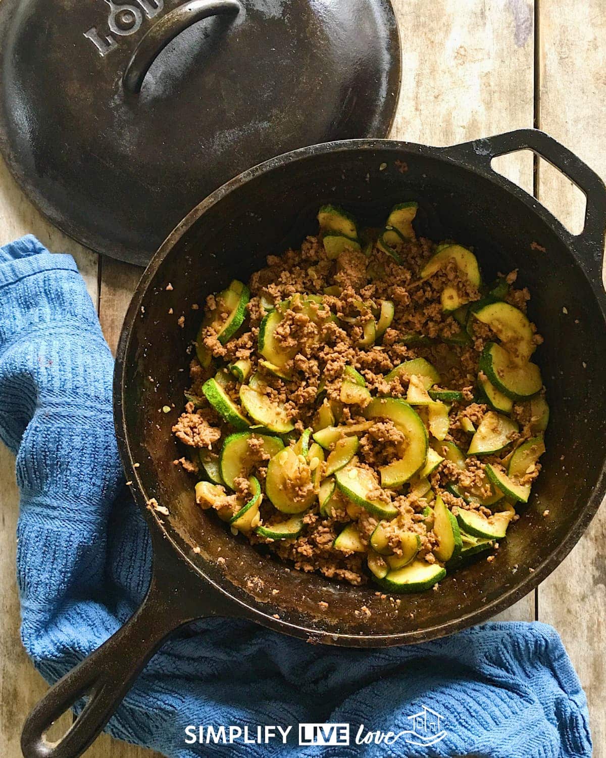 beef and zucchini skillet dinner in a lodge cast iron skillet