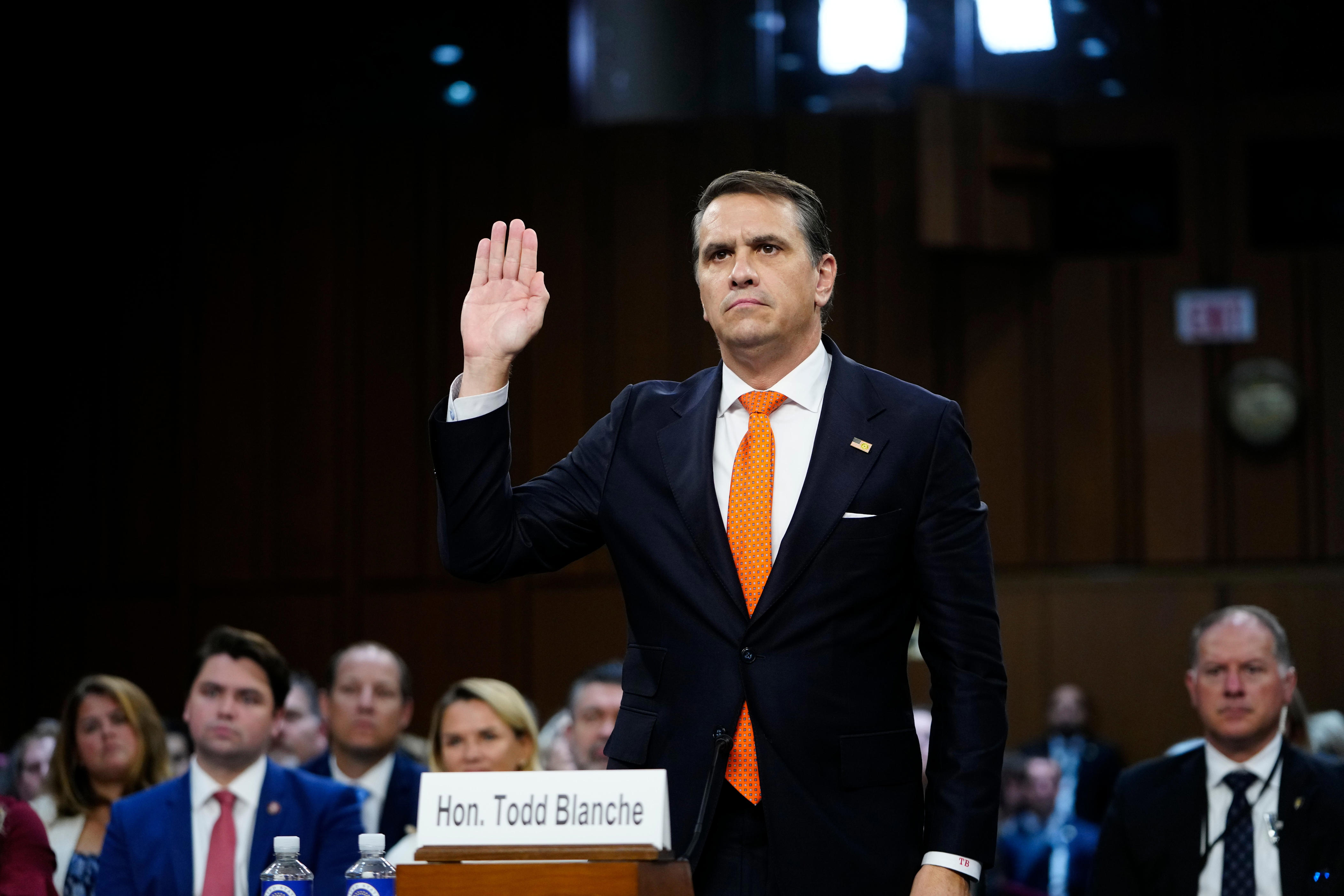Todd Blanche, nominee for US Attorney General, is sworn in at the start of his Senate Judiciary Committee confirmation hearing in Washington, DC, on July 15, 2026.