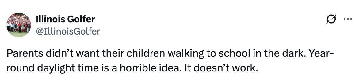 Tweet criticizing year-round daylight time, saying it's a bad idea for children walking to school in the dark