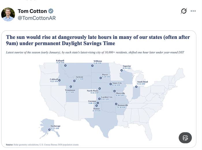 Map showing U.S. states with late sunrises in permanent Daylight Savings Time scenario, highlighting potential impacts on school hours