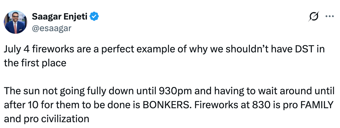 Summary of tweet: The tweet criticizes DST for late sunset on July 4th, stating waiting for fireworks until 10 PM is inconvenient. Suggests an 8:30 PM start as better
