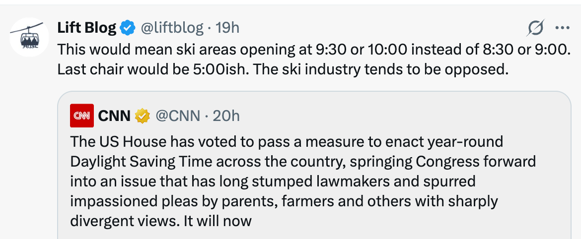 Tweet discussing ski areas opening later due to a House vote on year-round Daylight Saving Time. Ski industry may oppose