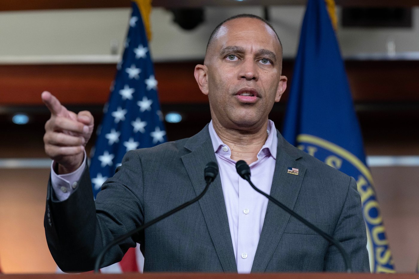 House Minority Leader Hakeem Jeffries, D-N.Y., speaks during a news conference on Capitol Hill, Monday, July 13, 2026, in Washington. (AP Photo/Jose Luis Magana)