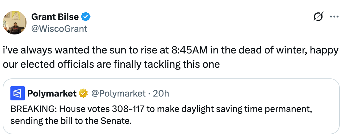 Tweet discussing making daylight saving time permanent, referencing a vote of 308-117 in the House, sent to the Senate