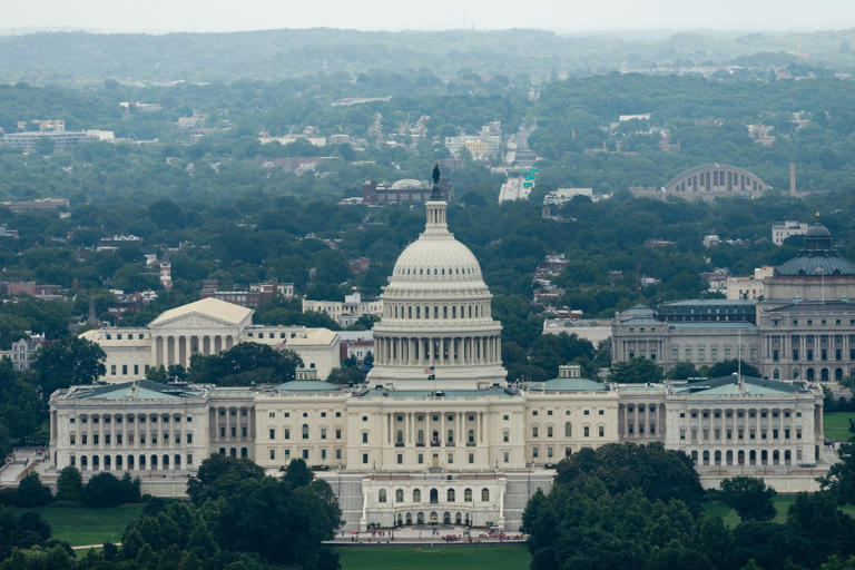 The U.S. Capitol is seen from the Washington Monument, Thursday, July 9, 2026, in Washington. (AP Photo/Julia Demaree Nikhinson)